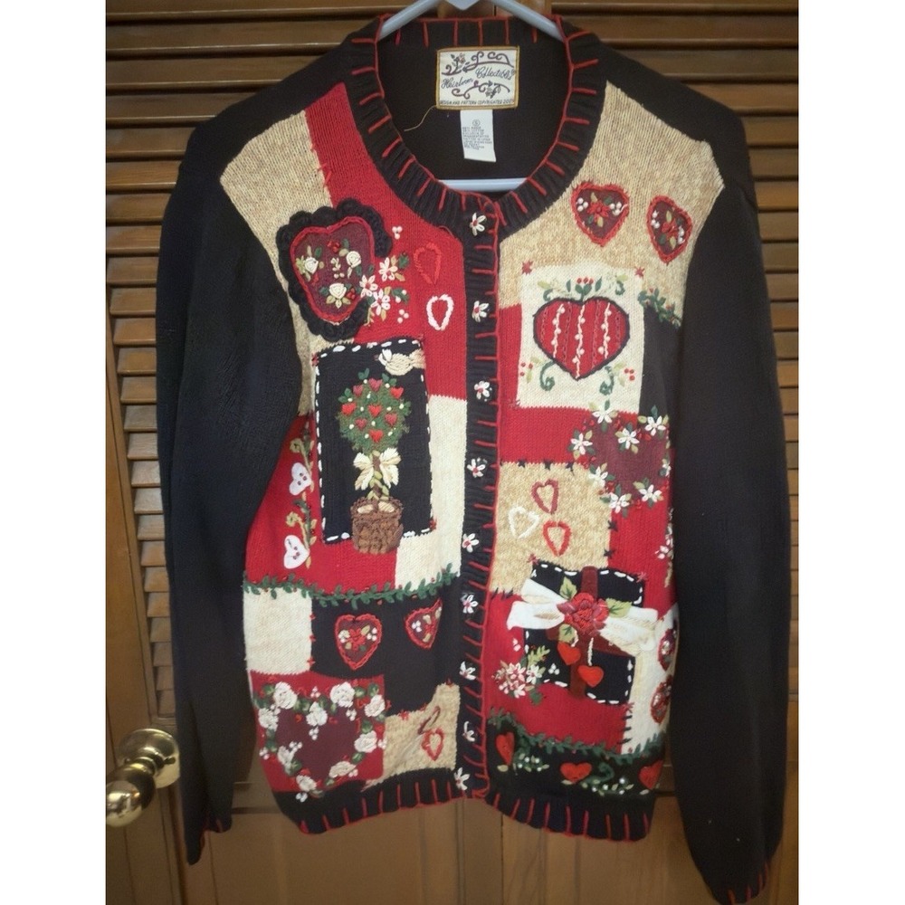 Vintage 2003 Heirloom Collectibles Cardigan Small Hearts Patchwork Embellished